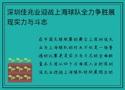 深圳佳兆业迎战上海球队全力争胜展现实力与斗志